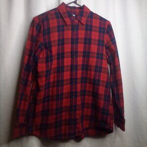 Lands' End Shirt Women M 10-12 Long Sleeve Plaid Red Blue